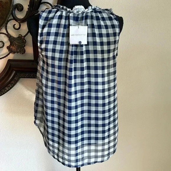 Liz Claiborne NWT Henley Ruffle Tank Navy Blue Gingham XS - Picture 9 of 16